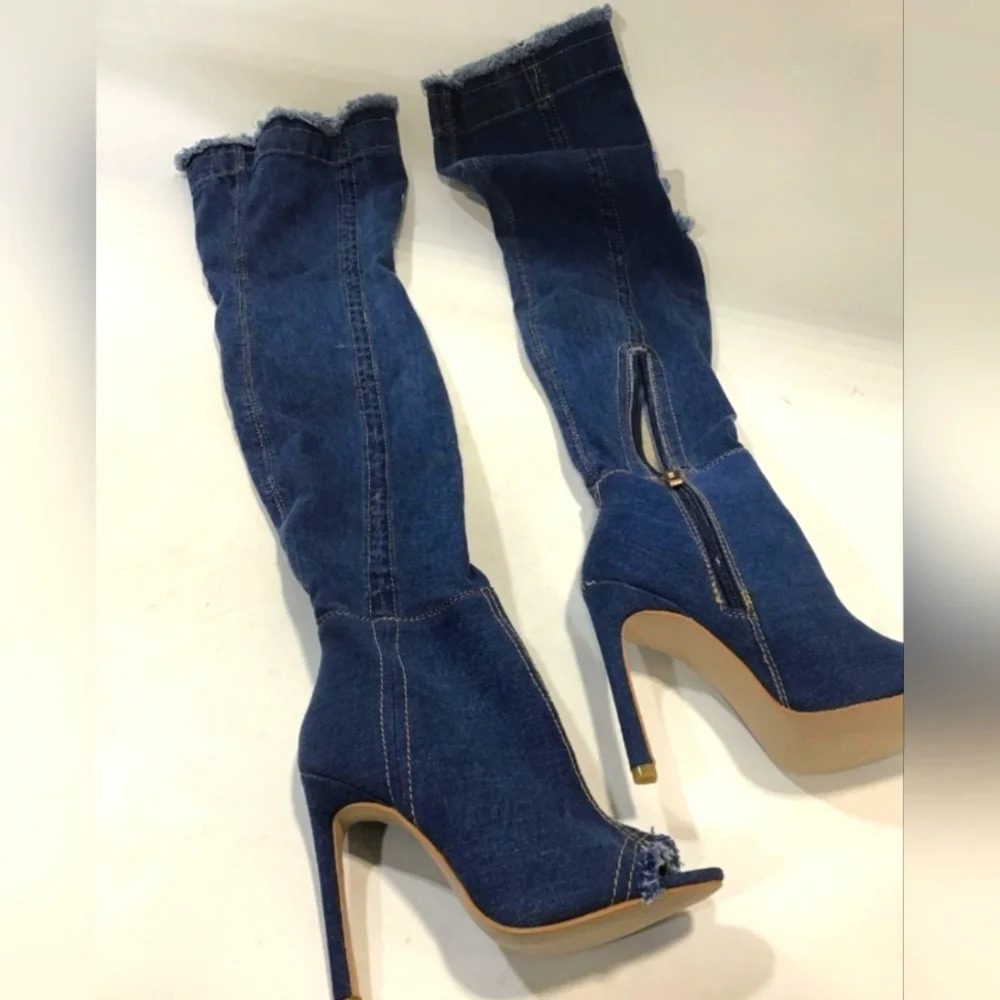 Denim Thigh High Peep Toe Stiletto Boots, Sz 5.5, NWT